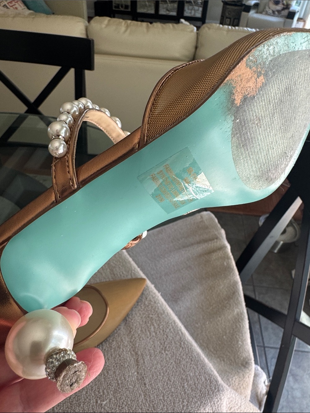 Betsey Johnson Gold Pearl-Embellished Pointed Mules - Picture 6 of 6